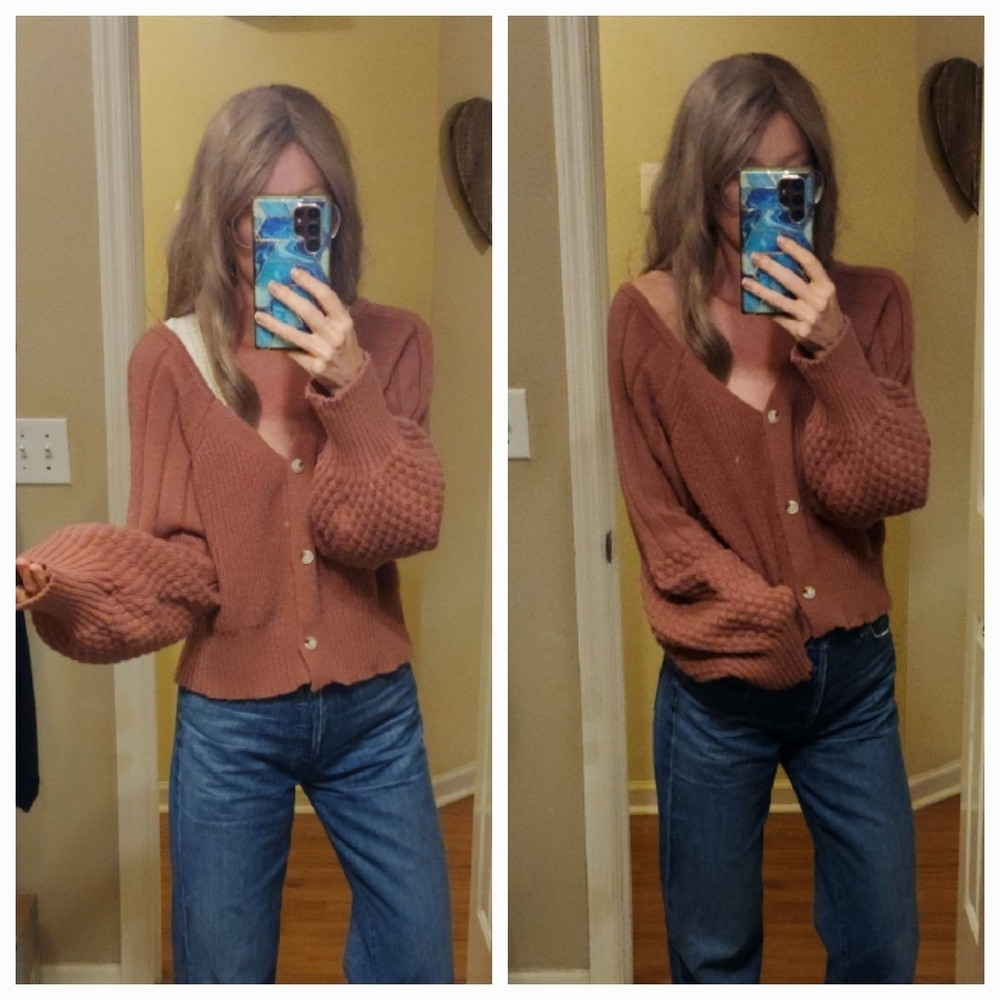 Rose Gold Mauve Pink Balloon Sleeve Cardigan Sweater